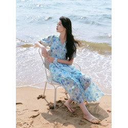【喬訢同款】珂萊蒂爾2025夏新款茶歇印花V領連衣裙女長款飄逸裙
