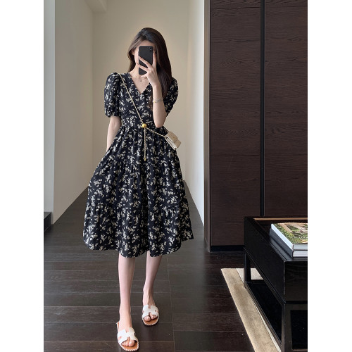 Ariseism  美式復古舒適純色短袖連衣裙女夏季新款修身長裙子