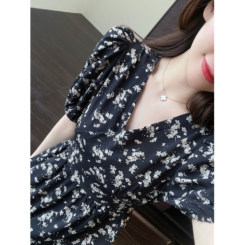 Ariseism  美式復古舒適純色短袖連衣裙女夏季新款修身長裙子
