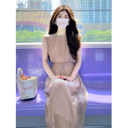 歐洲站2025夏季新款法式高級感絕美長裙無袖背心連衣裙小衆設計感