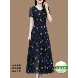 真絲連衣裙2025年新款夏季高級品牌香雲紗時尚過膝碎花桑蠶絲長裙