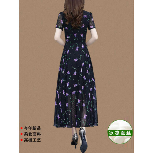 真絲連衣裙2025年新款夏季高級品牌香雲紗時尚過膝碎花桑蠶絲長裙