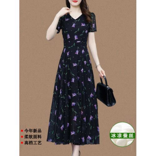 真絲連衣裙2025年新款夏季高級品牌香雲紗時尚過膝碎花桑蠶絲長裙