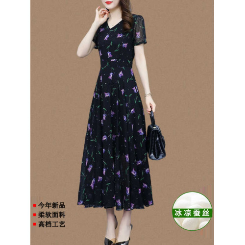 真絲連衣裙2025年新款夏季高級品牌香雲紗時尚過膝碎花桑蠶絲長裙
