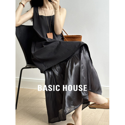 Basic House/百家好假兩件下擺拼接方領背心長裙女夏季無袖連衣裙