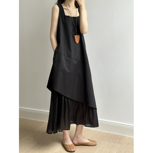 Basic House/百家好假兩件下擺拼接方領背心長裙女夏季無袖連衣裙