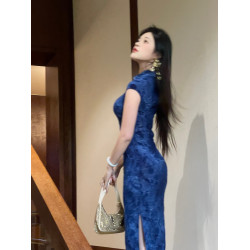EACH崔九【藍閃蝶】夏季絕美氣質高飽和藍色新中式改良旗袍連衣裙