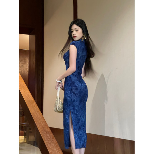 EACH崔九【藍閃蝶】夏季絕美氣質高飽和藍色新中式改良旗袍連衣裙