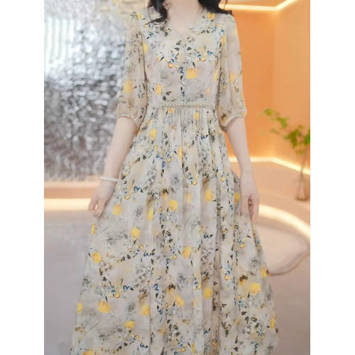 風信高定碎花連衣裙2025新款女夏秋十三行氣質名媛輕奢高級感裙子