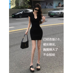 高個子172加長版夏季輕熟風黑色連衣裙氣質性感V領顯瘦包臀短裙子