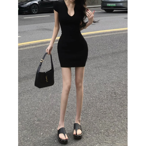 高個子172加長版夏季輕熟風黑色連衣裙氣質性感V領顯瘦包臀短裙子