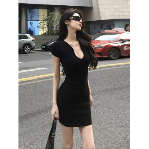 高個子172加長版夏季輕熟風黑色連衣裙氣質性感V領顯瘦包臀短裙子