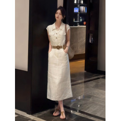 法式氣質白色短袖連衣裙子女夏季2025新款收腰顯瘦開叉長裙子夏裝