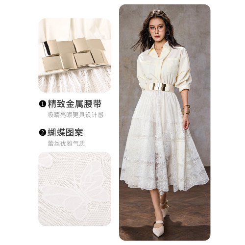 AUI杏色設計感小衆襯衫連衣裙女2025夏季新款禦姐氣質通勤蕾絲裙