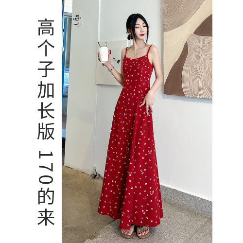高個子175法式紅色吊帶波點連衣裙輕奢高級感長款收腰小衆不撞款
