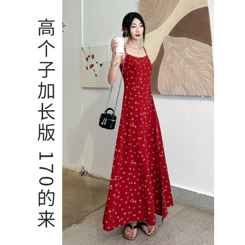 高個子175法式紅色吊帶波點連衣裙輕奢高級感長款收腰小衆不撞款