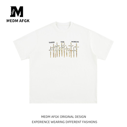 MEDM AFGK索羅娜美式復古十字架印花短袖男T恤250g重磅寬松圓領衣