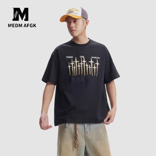 MEDM AFGK索羅娜美式復古十字架印花短袖男T恤250g重磅寬松圓領衣