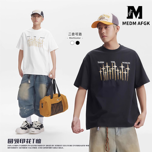 MEDM AFGK索羅娜美式復古十字架印花短袖男T恤250g重磅寬松圓領衣