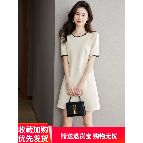 高級氣質真絲短袖連衣裙女夏季新款圓領小個子桑蠶絲顯瘦純色裙子