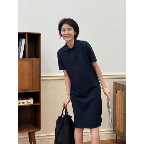 浪清 藏青色polo領連衣裙女夏2025新款寬松直筒長裙子顯瘦t恤裙