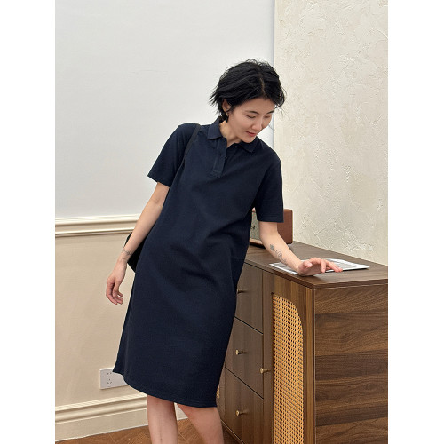 浪清 藏青色polo領連衣裙女夏2025新款寬松直筒長裙子顯瘦t恤裙