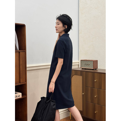 浪清 藏青色polo領連衣裙女夏2025新款寬松直筒長裙子顯瘦t恤裙
