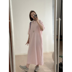 日系貴牌 經典刺綉 竹節棉圓領寬松牛仔藍連衣裙夏粉色懶人T恤裙