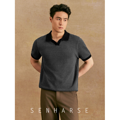 SENHARSE【100％純棉】夏季男士撞色翻領針織POLO衫休閒短袖男T恤