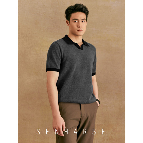 SENHARSE【100％純棉】夏季男士撞色翻領針織POLO衫休閒短袖男T恤