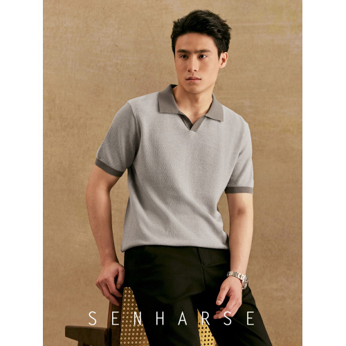 SENHARSE【100％純棉】夏季男士撞色翻領針織POLO衫休閒短袖男T恤