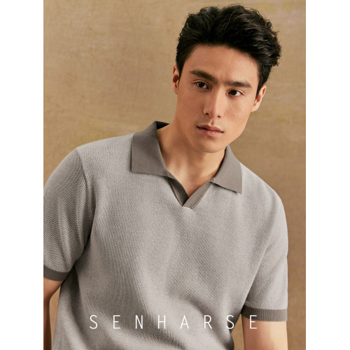 SENHARSE【100％純棉】夏季男士撞色翻領針織POLO衫休閒短袖男T恤