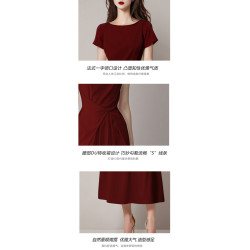 紅色連衣裙女法式小衆設計短袖訂婚宴會禮服收腰長裙日常可穿春夏