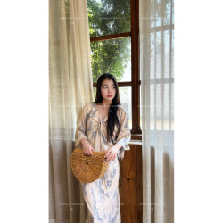 【朝花夕拾】HL棉綢夏季短袖氣質國風女神寬松時尚顯瘦長款連衣裙