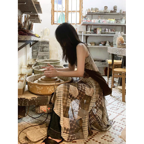西町 廢土風格紋拼接連衣裙女裝夏季復古長款吊帶裙