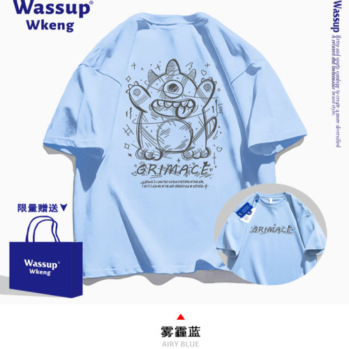 wassup聯名卡通小怪獸短袖男T恤2025新款夏季青少年純棉寬松半袖