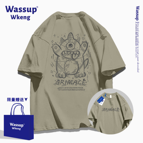 wassup聯名卡通小怪獸短袖男T恤2025新款夏季青少年純棉寬松半袖