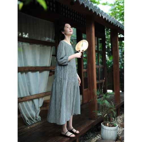 說與山聽「玄素間」黑白格純棉連衣裙圓領短袖寬松腰日系女夏6865