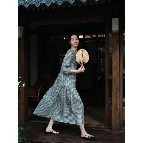 說與山聽「玄素間」黑白格純棉連衣裙圓領短袖寬松腰日系女夏6865