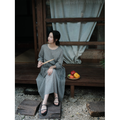 說與山聽「玄素間」黑白格純棉連衣裙圓領短袖寬松腰日系女夏6865