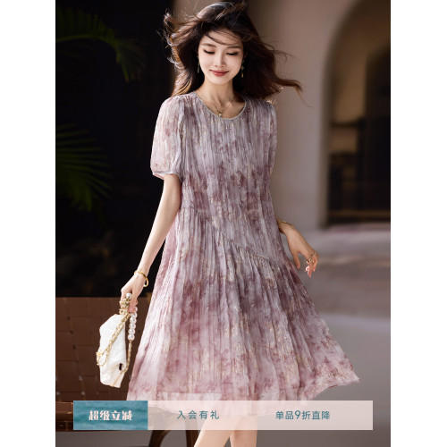 素木氣質圓領刺綉雪紡連衣裙女夏季新款女裝2025年歐洲站大碼裙子