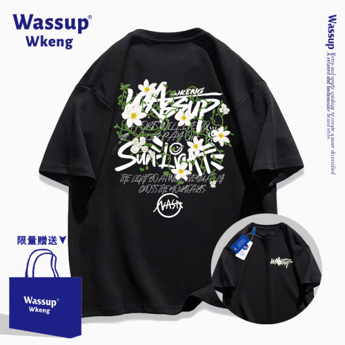 wassup聯名美式潮牌黑色短袖男T恤2025新款夏季寬松純棉印花上衣