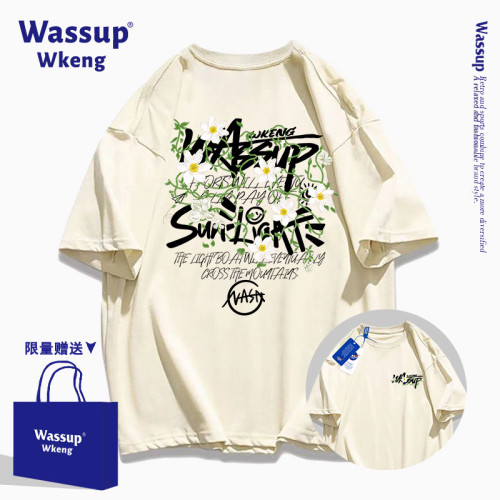 wassup聯名美式潮牌黑色短袖男T恤2025新款夏季寬松純棉印花上衣