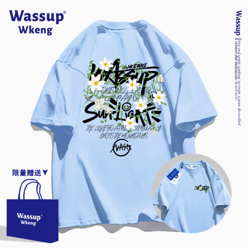 wassup聯名美式潮牌黑色短袖男T恤2025新款夏季寬松純棉印花上衣