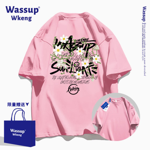wassup聯名美式潮牌黑色短袖男T恤2025新款夏季寬松純棉印花上衣