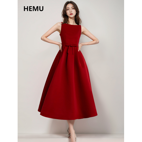 紅色連衣裙女法式訂婚敬酒禮服公主蓬蓬裙收腰氣質長裙高級感穿搭