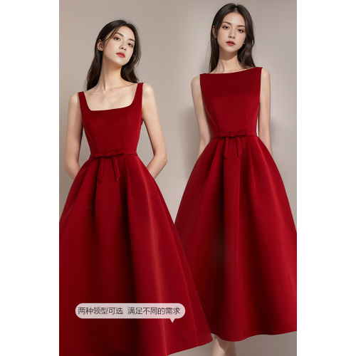 紅色連衣裙女法式訂婚敬酒禮服公主蓬蓬裙收腰氣質長裙高級感穿搭