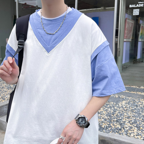 夏季風潮牌男T恤假兩件短袖潮流百搭休閒寬松純色日系圓領男上衣