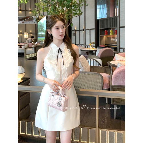 FanyFloss法式掛脖撞色蝴蝶結蕾絲拼接連衣裙氣質緞面收腰仙女裙