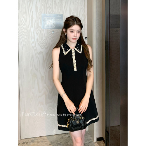 FanyFloss設計感釘鑽娃娃領無袖連衣裙女夏輕奢鑲鑽收腰度假短裙